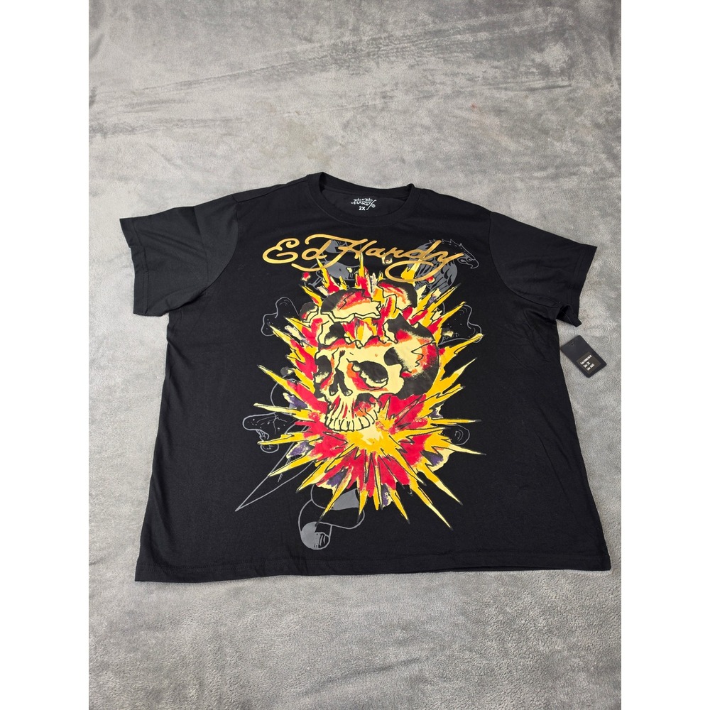 Ed Hardy Men Black Skull Explosion Graphic T-Shirt 2X Don Ed Hardy Designs NWT